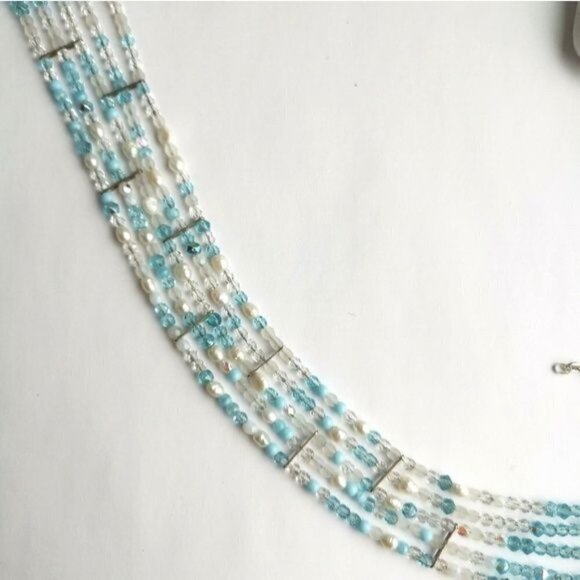 CUSTOM made choker necklace blue crystal white freshwater pearl - Picture 4 of 6